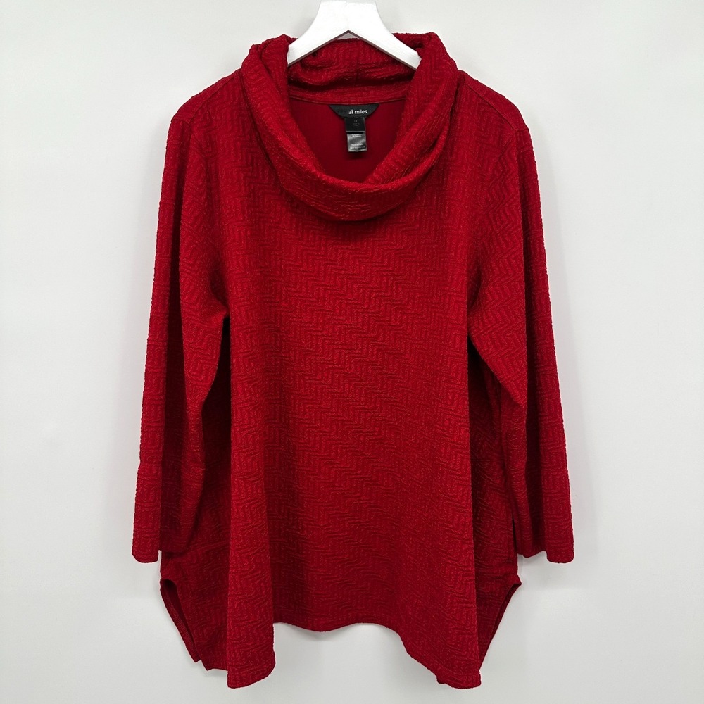 Ali Miles Tunic Top Shirt Size 1X Red Stretch Knit Cowl Neck Pockets‎ Romantic